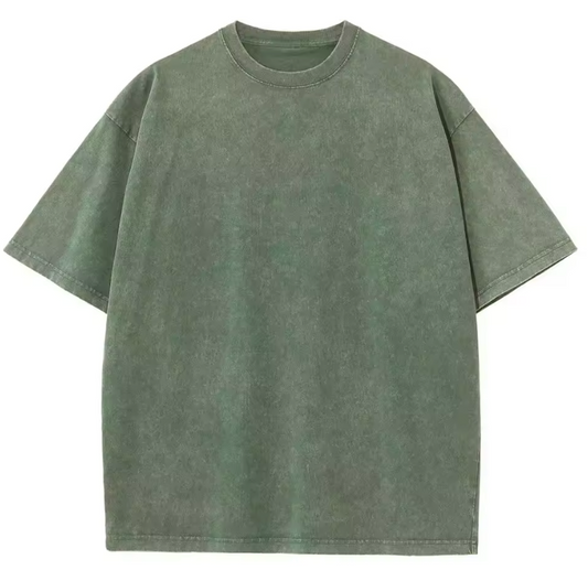 T-shirt rétro délavé robuste vert kaki, 100% coton